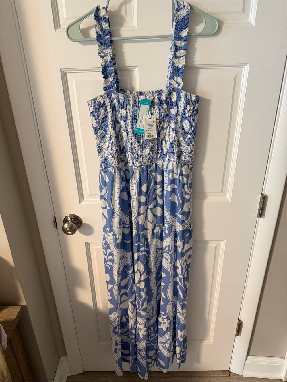 NWT Marine Layer Selene Smocked Maxi Dress Blue Tile Floral Coastal Cottagecore - Picture 3 of 10